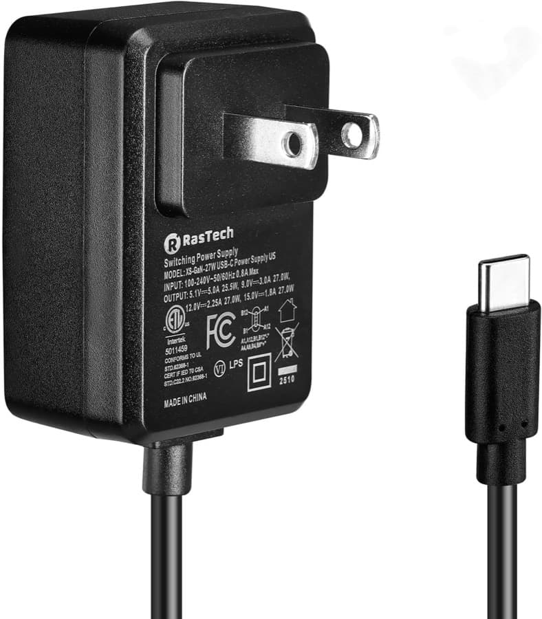 A RasTech 27 W USB-C power supply with a captive cable
