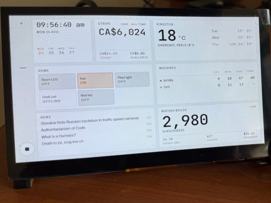 The Freenove 7-inch IPS touchscreen on its stand, running the Perch panel